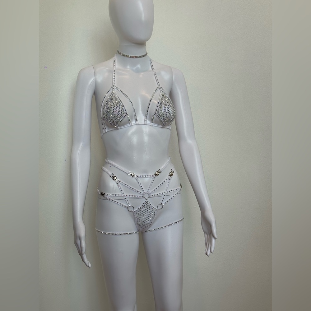 White AB Rhinestone 4 Piece Lingerie Set Bikini XS, D Cup, Festival, Rave, Dance - Picture 6 of 13